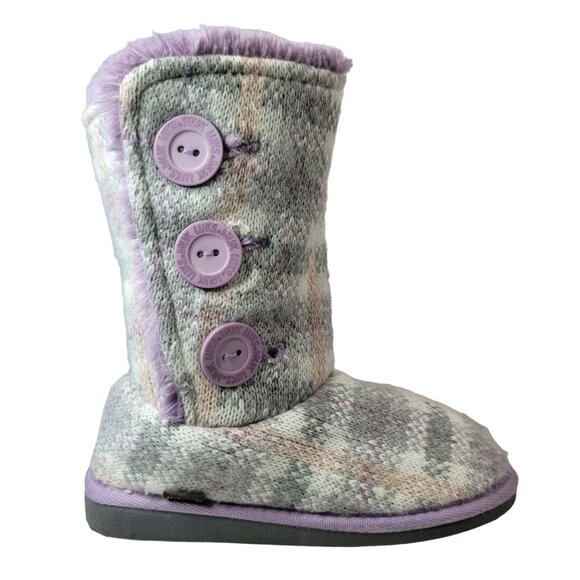 Muk Luks Girls Sweater Knit Boots Purple Gray Size 2 Button Furry Plaid Malena - Picture 1 of 15